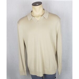 the COMMONS Mens XL Pale Khaki Tan Merino Wool V-Neck Polo Sweater Casual Spring
